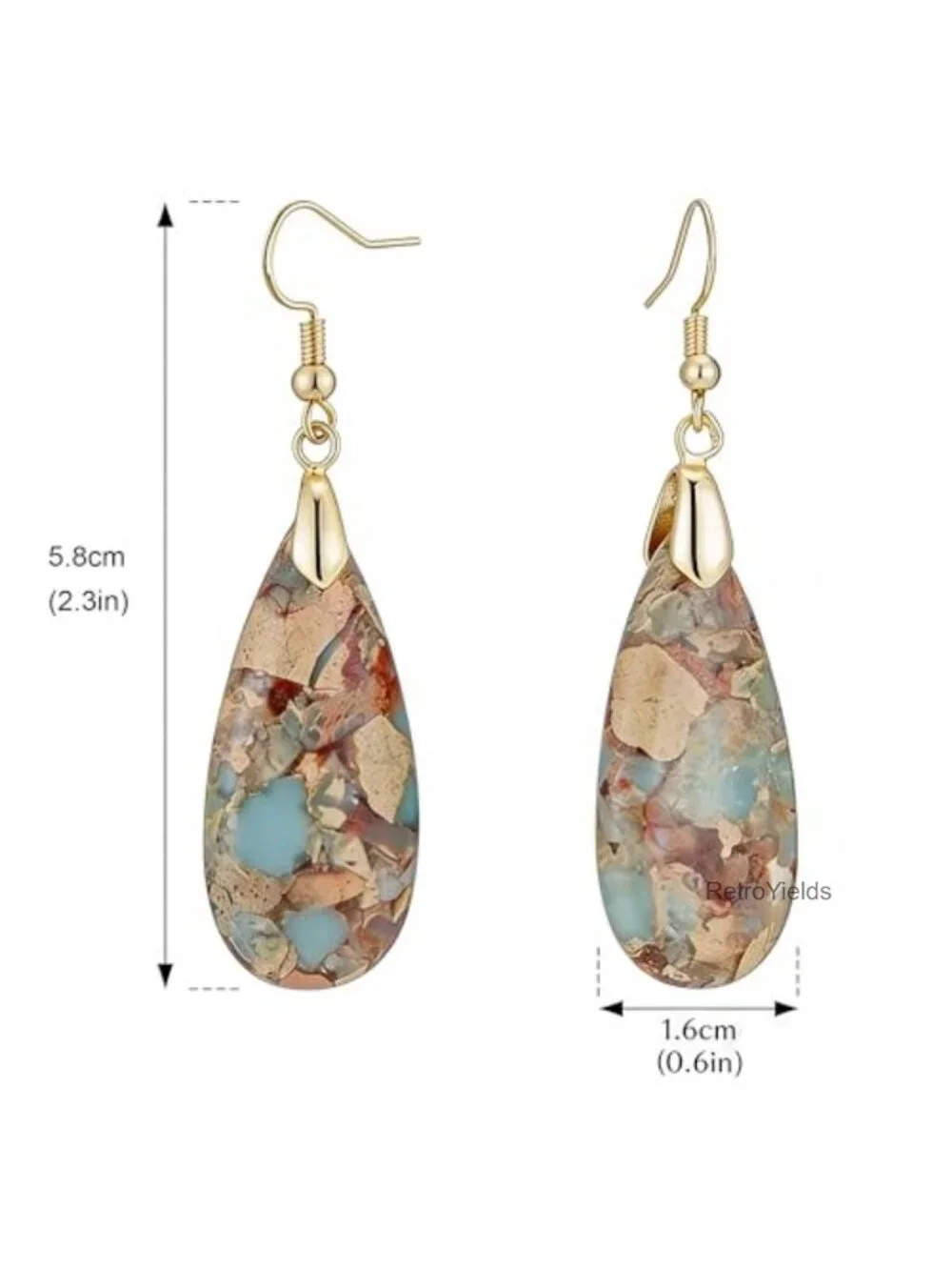 Natural Agalmatolite Teardrop Dangle Earrings Gold Plated Hypoallergenic